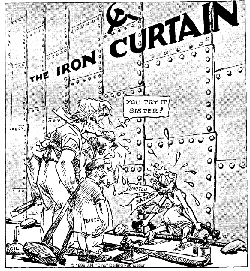 Political cartoon depicting "The Iron Curtain" with figures from USA and France observing a figure labelled United Nations struggling with a wrench.