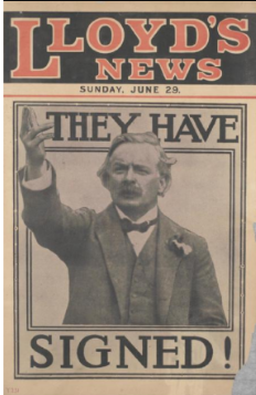 Vintage newspaper front page of "Lloyd's News" with a headline "THEY HAVE SIGNED!" featuring a man gesturing, dated Sunday, June 29.