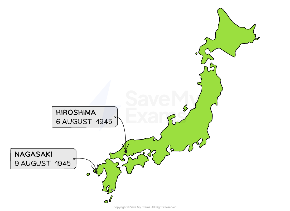 Map of Japan highlighting Hiroshima and Nagasaki with dates of atomic bombings: 6 August 1945 for Hiroshima, 9 August 1945 for Nagasaki.