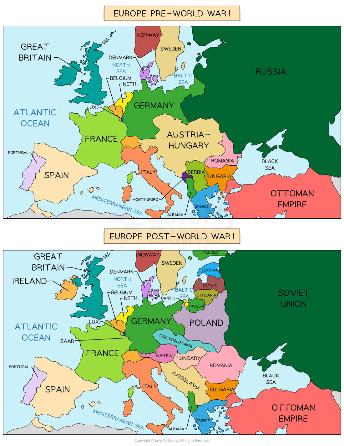 A pair of coloured maps titled "Europe Pre–World War I" (top) and "Europe Post–World War I" (bottom), showing changes in national borders.

In the top map (Pre-WWI), large countries like Germany, Austria-Hungary, Russia, and the Ottoman Empire dominate central and eastern Europe. Ireland is part of Great Britain, and Poland, Czechoslovakia, and Yugoslavia do not yet exist.

In the bottom map (Post-WWI), Europe is divided into more countries. Austria-Hungary is split into Austria, Hungary, Czechoslovakia, and Yugoslavia. Poland, Estonia, Latvia, and Lithuania appear as new independent countries. Russia becomes the Soviet Union, and Ireland is shown as separate from Great Britain. The Saar region is separated from Germany.