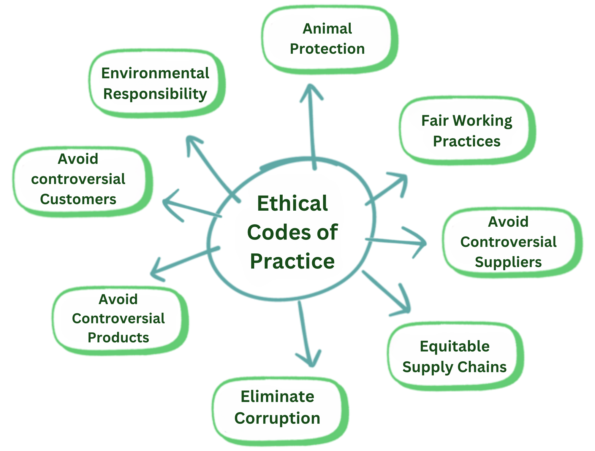 Diagram showing "Ethical Codes of Practice" surrounded by related concepts: animal protection, fair working practices, environmental responsibility, and more.