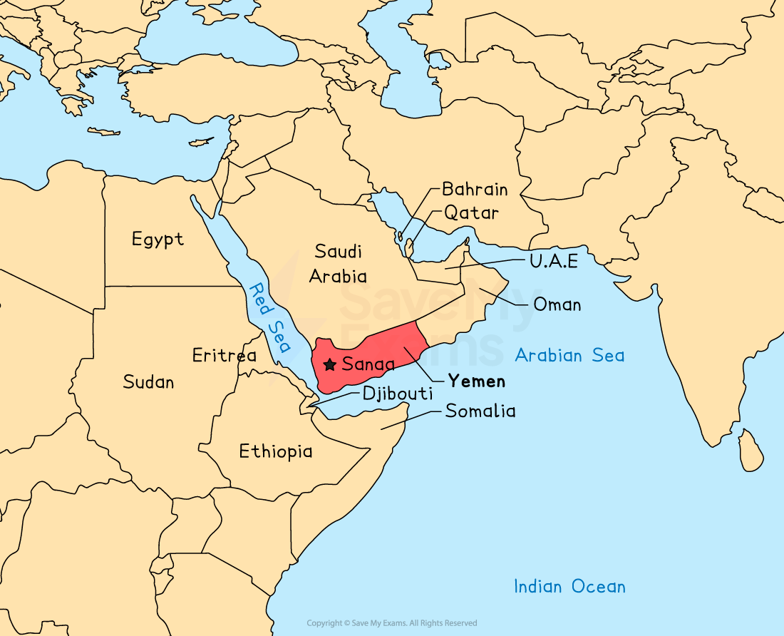 Map of the Arabian Peninsula highlighting Yemen in red with capital Sana'a marked. Surrounding countries are labelled, including Saudi Arabia and Oman.