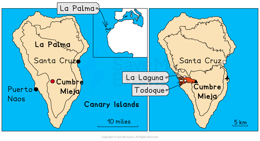 Map of La Palma in the Canary Islands, showing Santa Cruz, Puerto Naos, Cumbre Vieja, La Laguna, and Todoque, with scale bars for miles and kilometres.