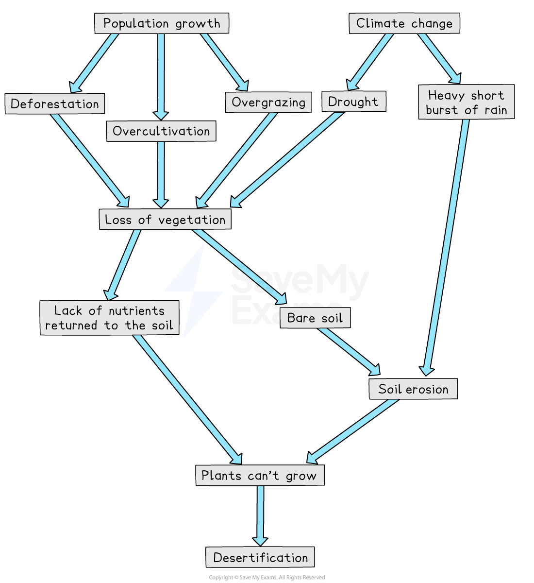 Flowchart outlining how population growth, climate change, deforestation, overgrazing, drought, and heavy rain lead to desertification through loss of vegetation and soil erosion.