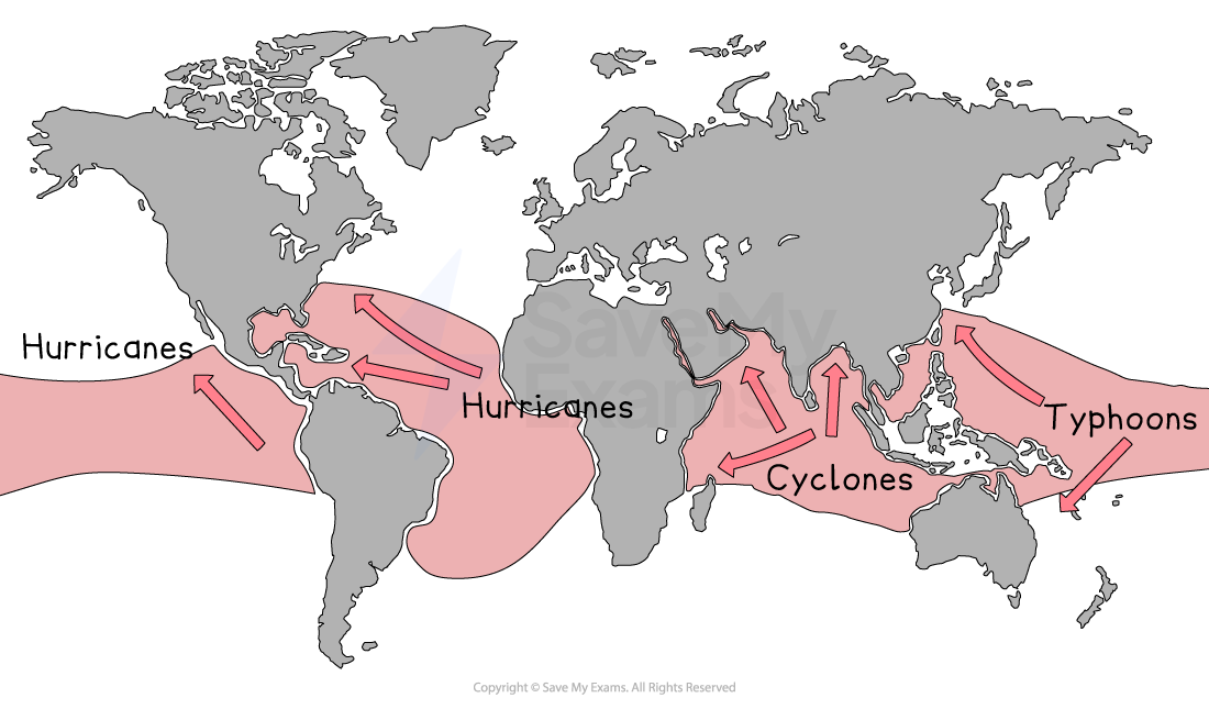 World map showing global storm development areas and tropical cyclone pathways. Arrows highlight hurricanes, cyclones, and typhoons in specific regions. Key included.