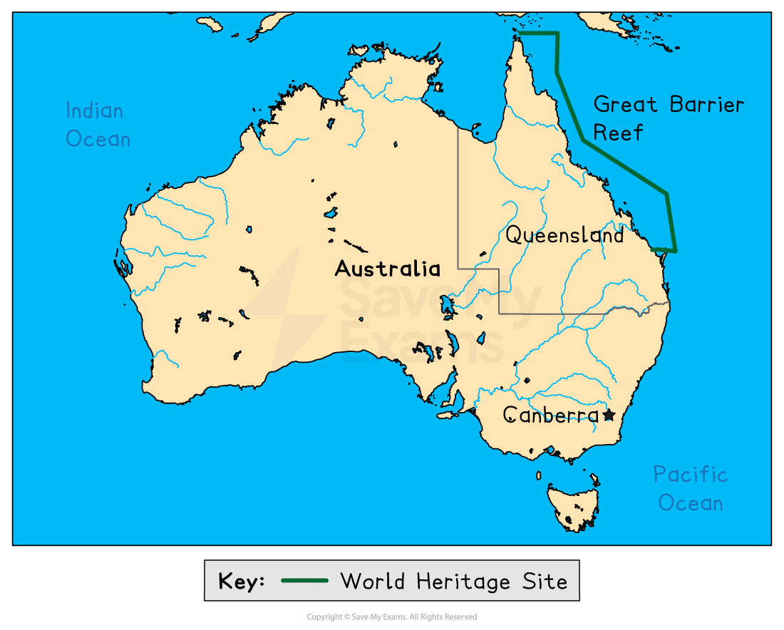 Map of Australia showing key locations including Queensland, Canberra, and the Great Barrier Reef highlighted as a World Heritage Site along the northeast coast.