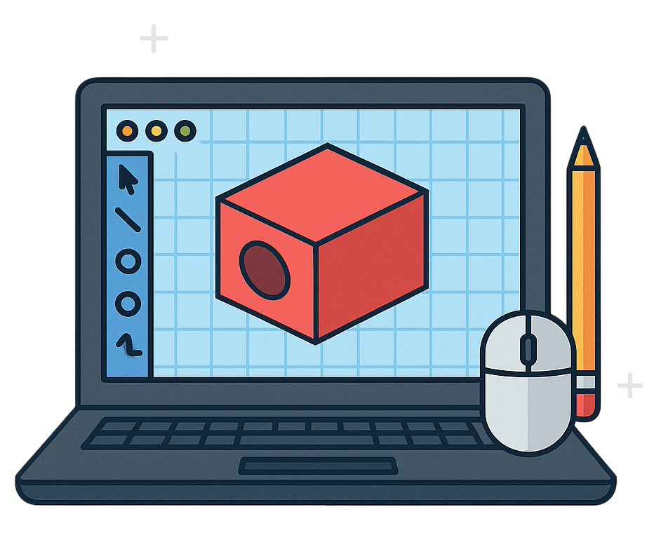 Laptop displaying 3D design software with a red cube on screen, accompanied by a mouse and a pencil on the side.