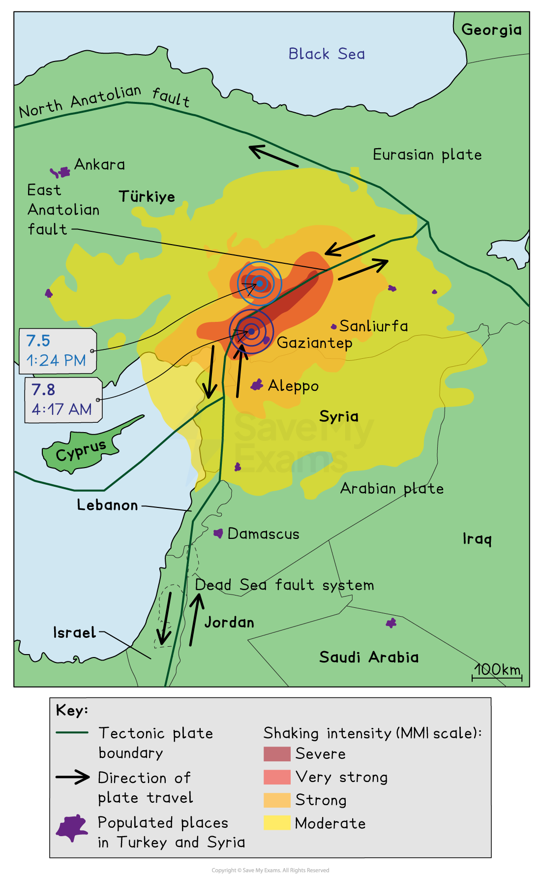 Map showing tectonic plates and earthquake epicentres near Turkey and Syria; indicates affected areas with varying shaking intensity using colour coding.