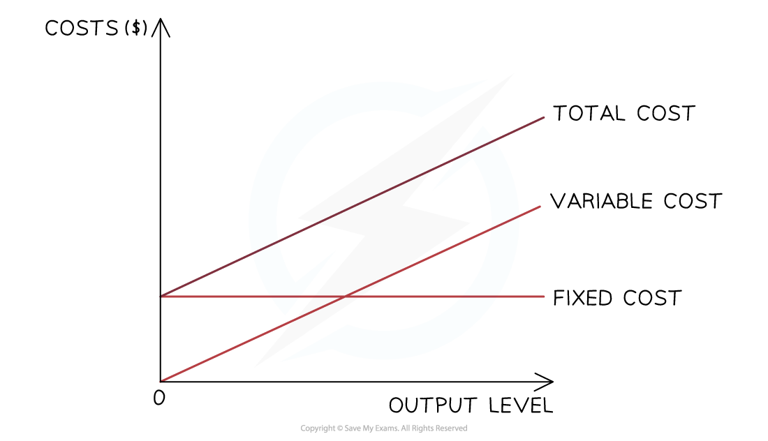 Graph showing costs versus output level with three lines: fixed cost (horizontal), variable cost (diagonal), and total cost (steeper diagonal).