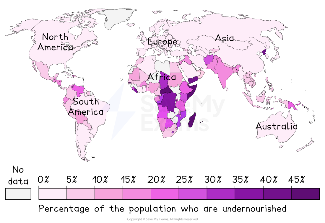 World map showing percentage of undernourished population by country, with darker shades indicating higher percentages; most affected areas in Africa and Asia.