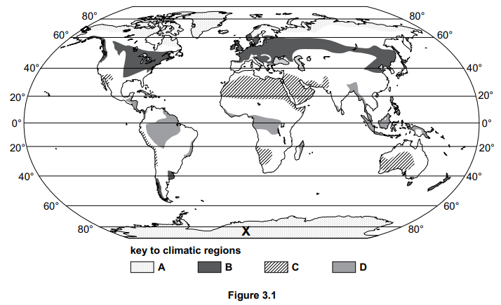 World map showing climatic regions with areas marked A (striped), B (dark grey), C (hatched), and D (light grey). Includes latitudinal lines.
