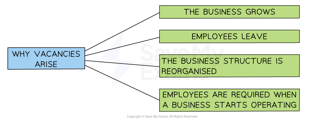 Flowchart depicting reasons for job vacancies: business growth, employee departure, reorganisation of structure, and new business operation.