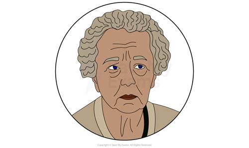 Illustrated head-and-shoulders portrait of Mrs Dubose from To Kill a Mockingbird, an elderly woman with curled white hair.