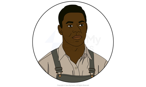 Illustrated head-and-shoulders portrait of Tom Robinson from To Kill a Mockingbird, a young man in a pale shirt and dungarees.