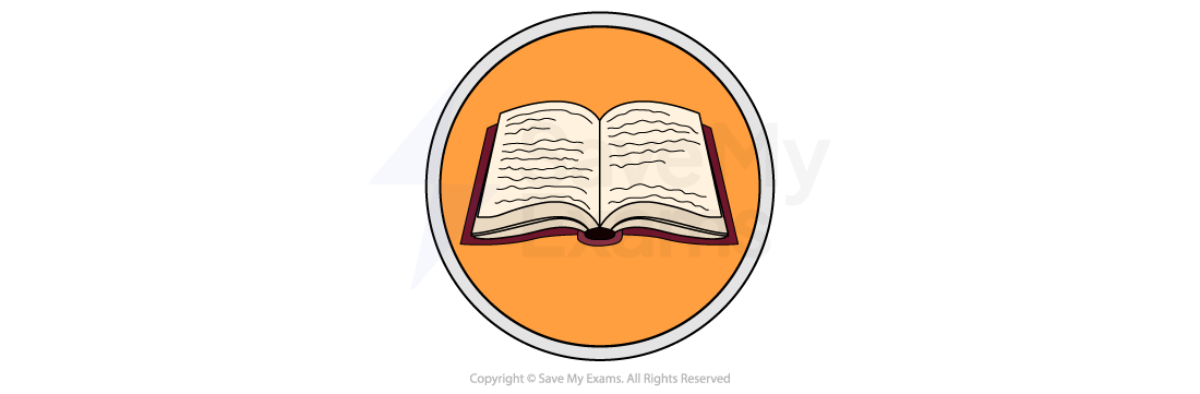 Theme symbol for storytelling: an open book with ruled pages on an orange circle.