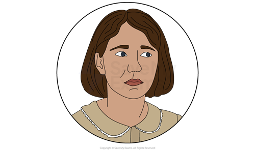 Illustrated head-and-shoulders portrait of Mayella Ewell from To Kill a Mockingbird, a young woman with a bobbed haircut.