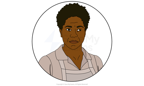 Illustrated head-and-shoulders portrait of Calpurnia from To Kill a Mockingbird, a woman in a striped collared shirt.
